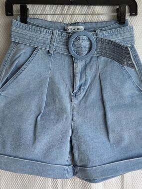 Revelation Light Blue Denim High-Waist Shorts with Belt Size 2